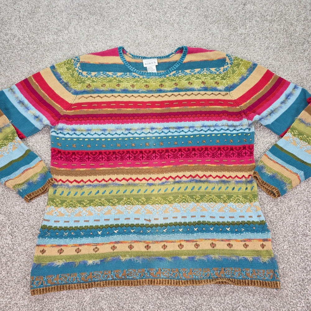 Vintage 90s Koret Women Large Multi Color Striped Textured Knit Crewneck Sweater